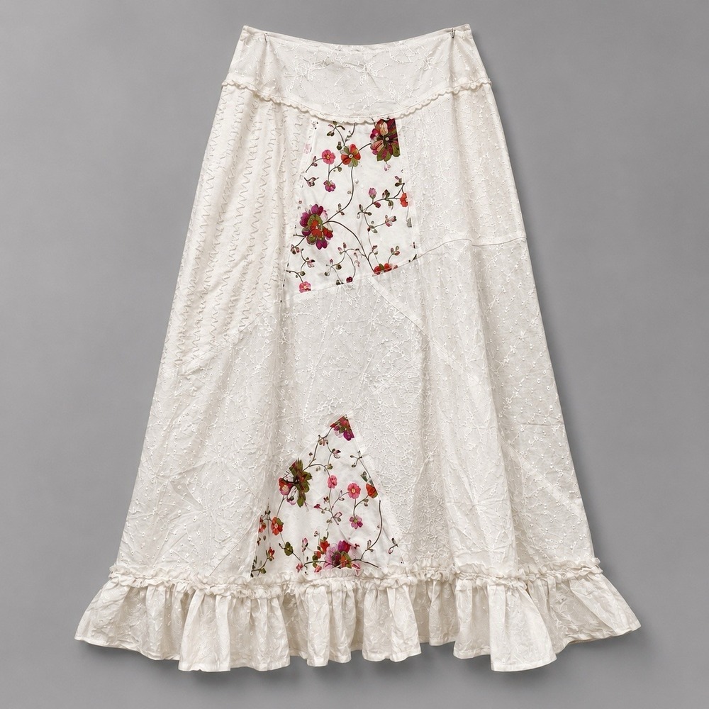 Vtg Boho Patchwork Embroidered Maxi Skirt Ivory Cotton Cottagecore Prairie Sz L